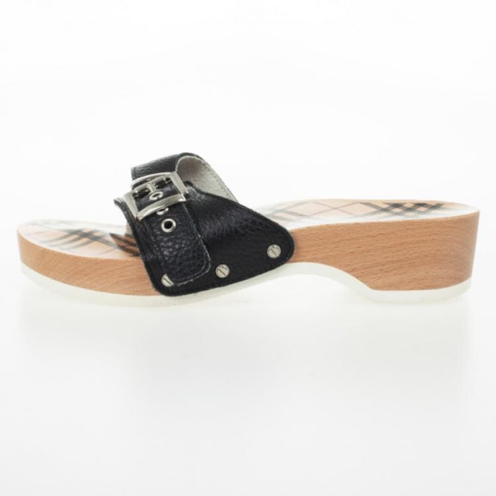 Burberry Black Leather Buckle Wooden Clogs